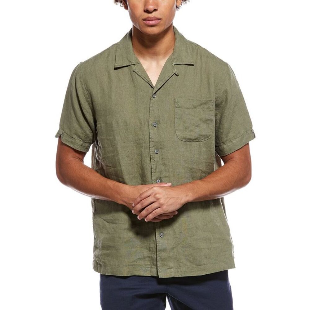 Brooks Brothers Mens Solid Linen Camp Shirt, Green